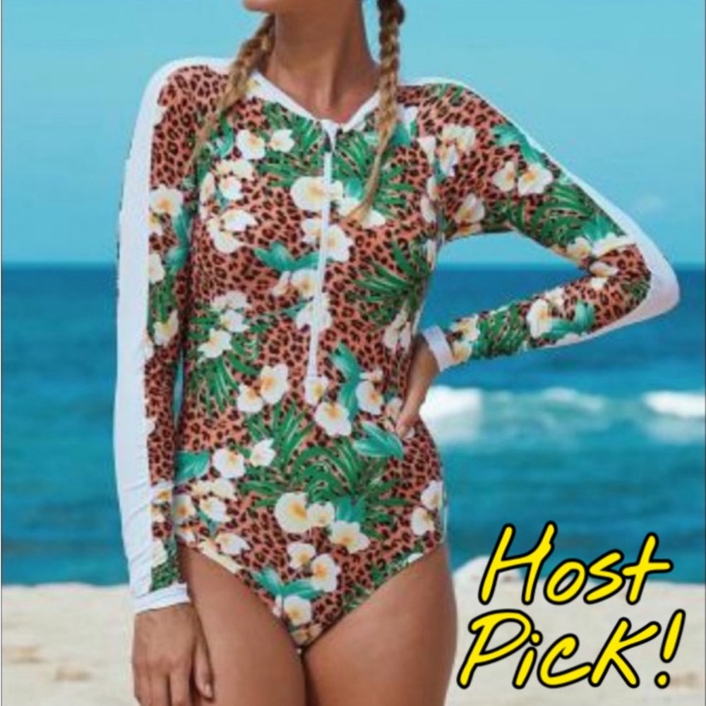 NEW HAWAIIAN, CHEETAH RASHGUARD ONE-PIECE SWIMSUIT ZIP LONG SLEEVE BATHING SUIT - Picture 2 of 10